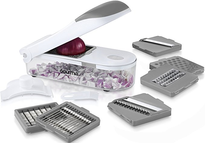 Gourmia GCU9215 Multipurpose Vegetable Chopper Set Mandoline, Julienne, Slicer, Dicer, Chopper, Shredder,and Grater Set With 7 Interchangeable Stainless Steel Blades,Hand Guard&Storage Lid,BPA free