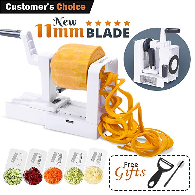 Lynworth Compact Foldable 5-Blade Vegetable Spiralizer: Best Spiral Slicer, Heavy duty Veggie Spaghetti Pasta Zoodle Maker for Healthy Low Carb/Paleo/Gluten-Free Meals With Extra 2 Gifts