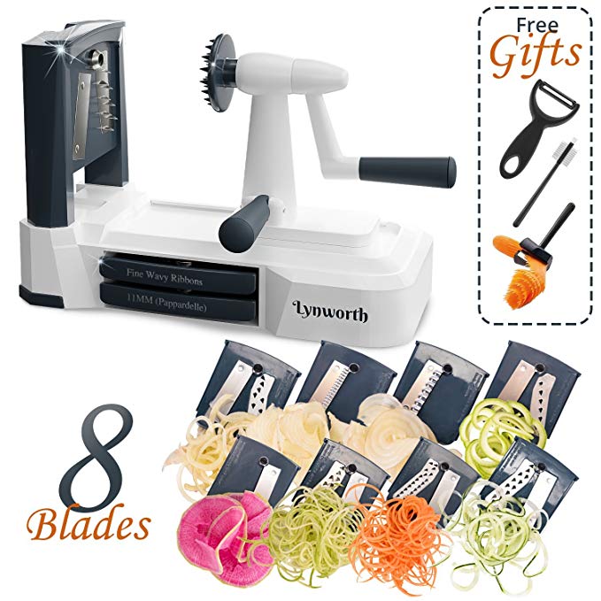 Spiralizer Vegetable Slicer: Lynworth Ultimate 8-Blade: Best Spiral Slicer, Strongest, Heaviest Duty Veggie Pasta Spaghetti Maker for Healthy Low Carb, Paleo, Gluten-Free Meals. Bonus 3 Free Gifts