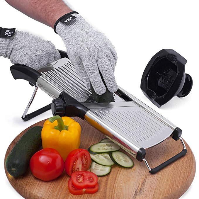 [Upgraded] Mandoline Slicer + FREE Cut-Resistant Gloves and Blade Guard – Adjustable Mandolin Vegetable Slicer and French Fry Cutter, Food Slicer, Vegetable Julienne – Premium Stainless Steel