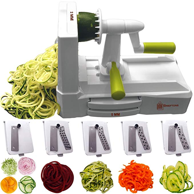 Brieftons 5-Blade Spiralizer (BR-5B-02): Strongest-and-Heaviest Duty Vegetable Spiral Slicer, Best Veggie Pasta Spaghetti Maker for Low Carb/Paleo/Gluten-Free, With Extra Blade Caddy & 4 Recipe Ebooks
