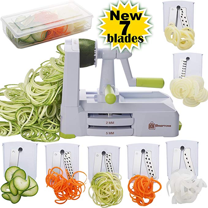 Brieftons 7-Blade Spiralizer: Strongest-and-Heaviest Duty Vegetable Spiral Slicer, Best Veggie Pasta Spaghetti Maker for Low Carb/Paleo/Gluten-Free, With Blade Caddy, Container, Lid & 4 Recipe Ebooks