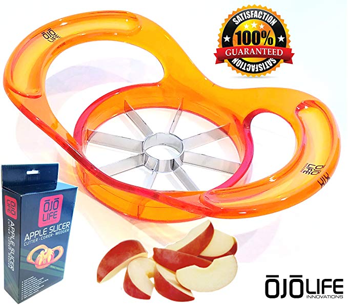 Unique Translucent Orange Heavy Duty Apple Slicer - Corer - Wedger - Multi Function Divider by OjoLife Innovations - Razor Sharp Stainless Steel Blades - PBA Free - Ergonomic Low Profile