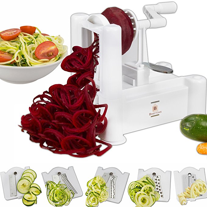 Brieftons 5-Blade Spiralizer (Classic): Strongest-and-Heaviest Duty Vegetable Spiral Slicer, Best Veggie Pasta Spaghetti Maker for Low Carb / Paleo / Gluten-Free Meals, With 3 Recipe Ebooks - White