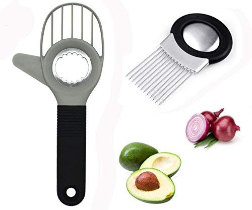 Modern Grey Avocado Slicer Pitter With Bonus Stainless Steel Onion Holder And Slicer